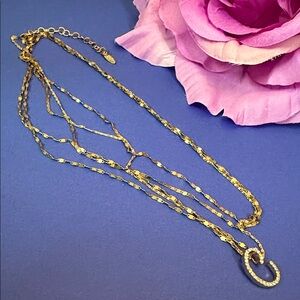 Gold-tone necklace w. rhinestone-encrusted 'C' initial / multiple chains layered